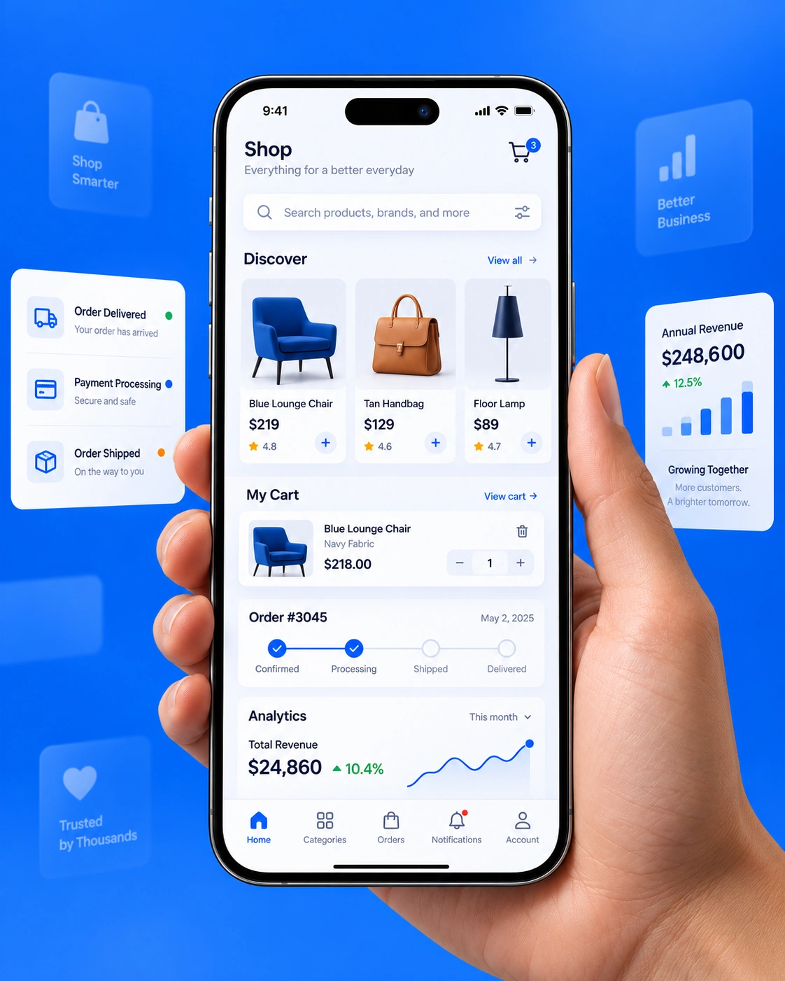 Mobile commerce storefront screens showing product discovery and shopping interactions