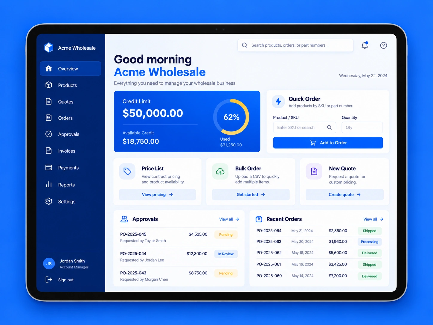 Wholesale commerce dashboard with customer and order management