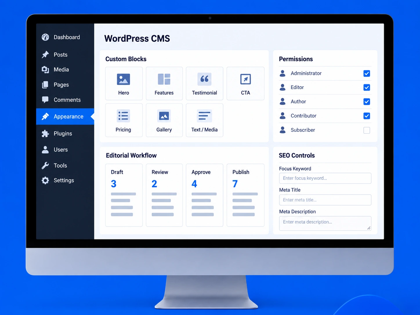 Modern WordPress CMS editor interface with reusable publishing controls