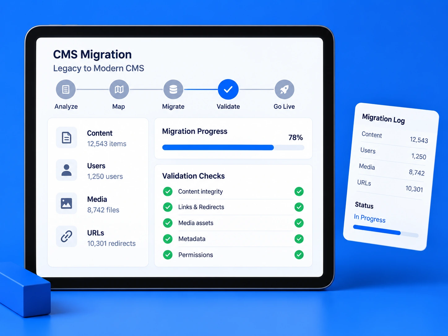 CMS migration dashboard for content mapping and SEO-safe platform transition