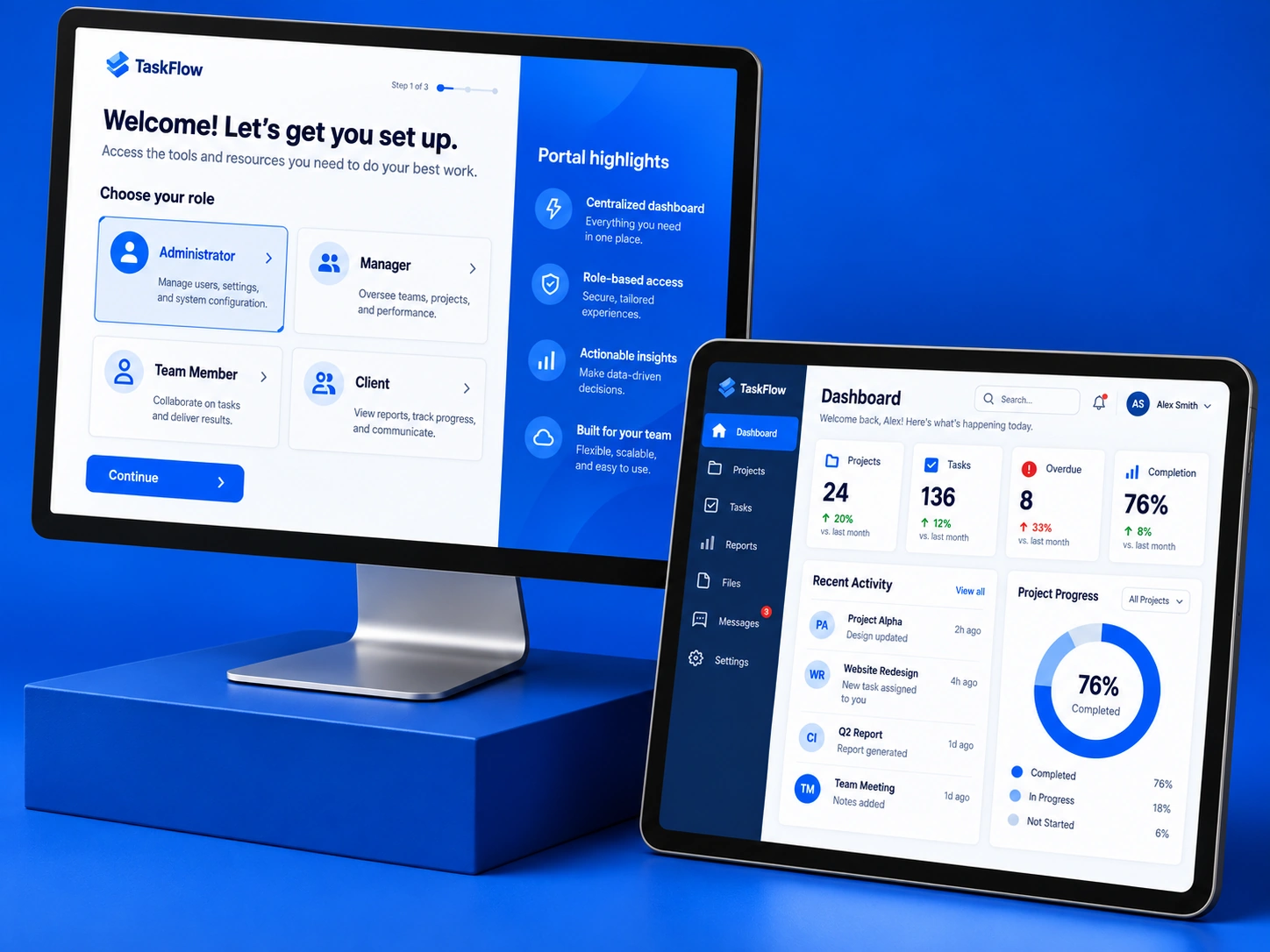 Responsive landing page and analytics workspace